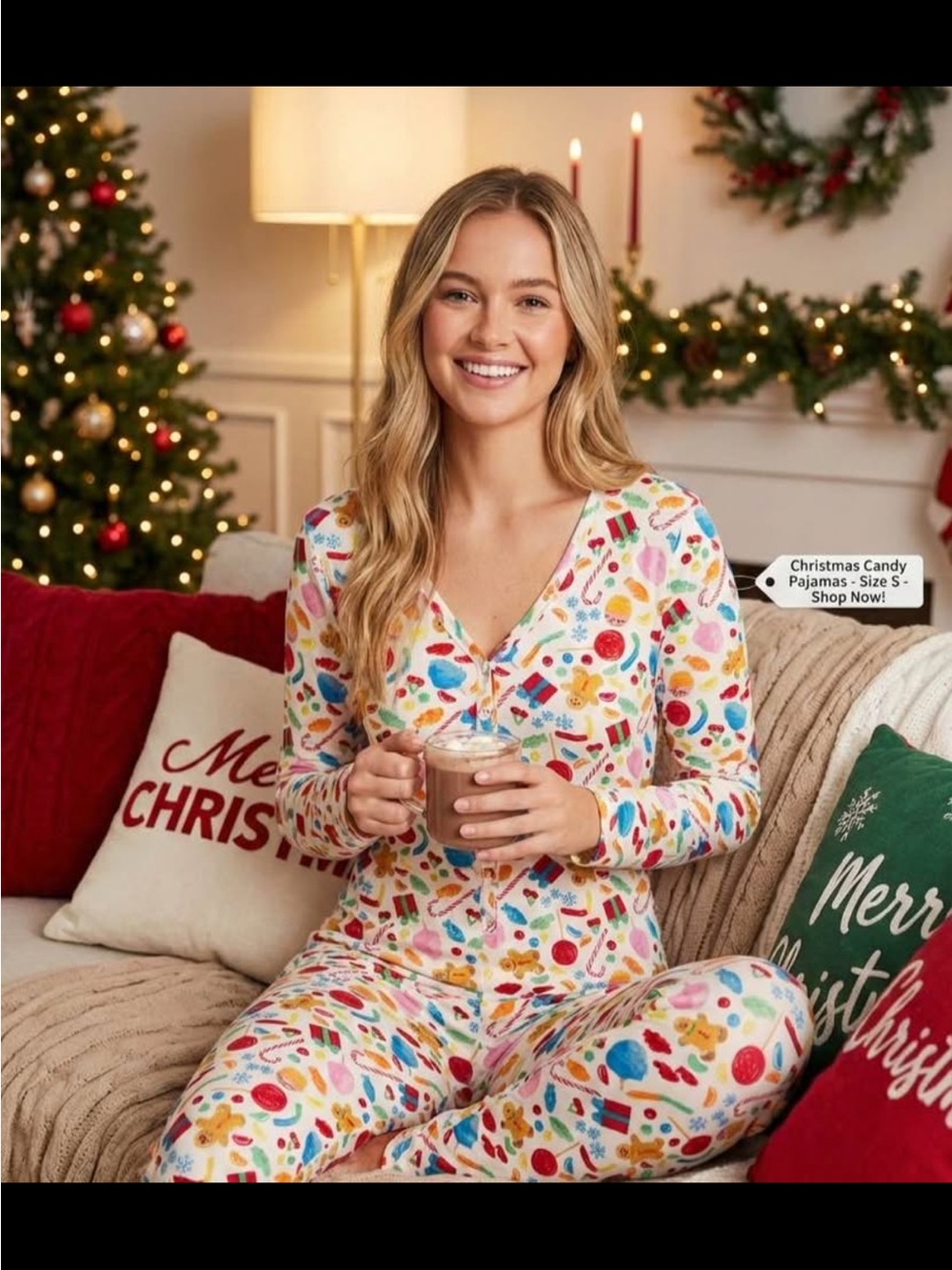 Forever 21 Women's White Multi Holiday Candy Print Pajama Set